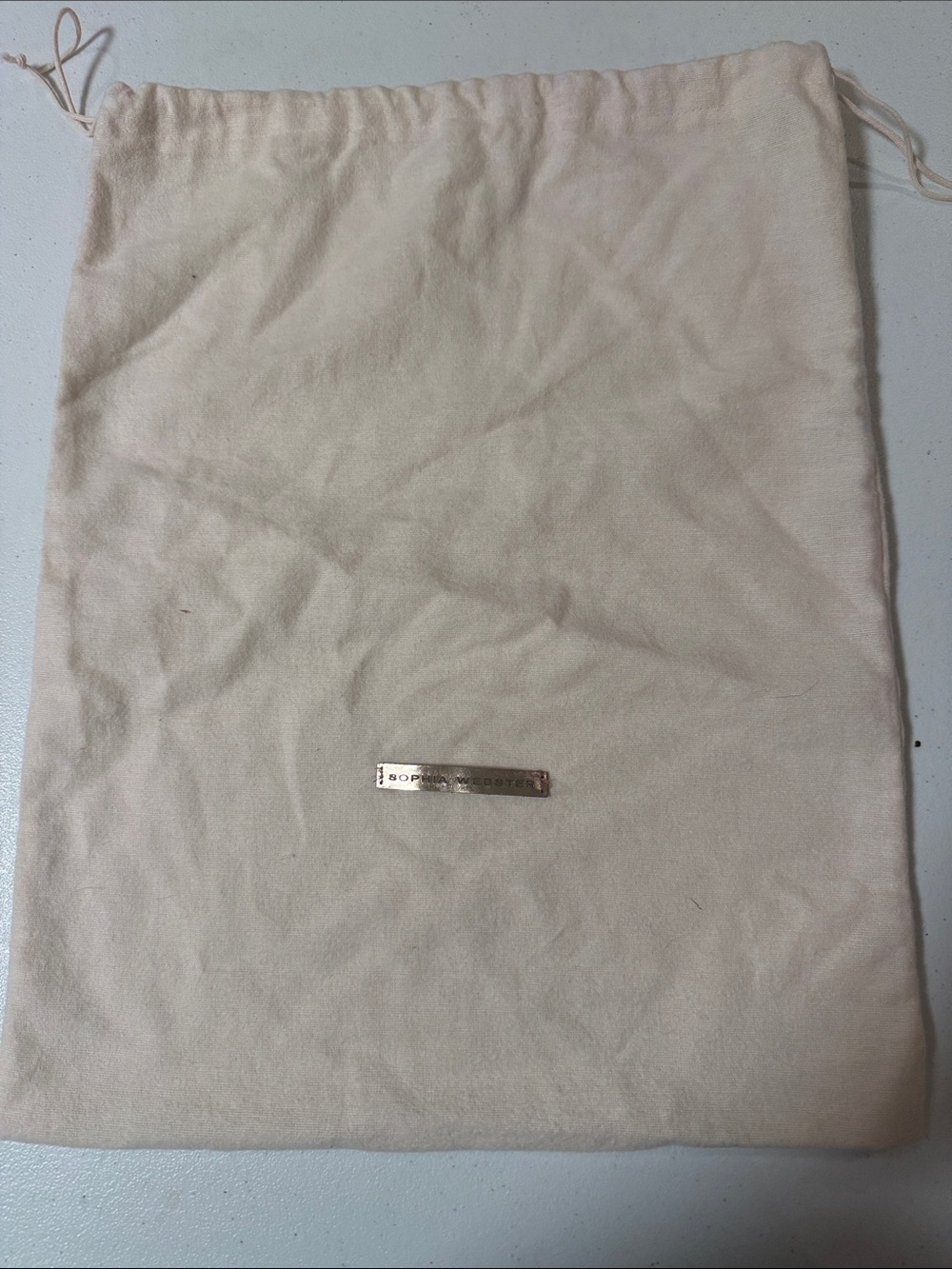 Sophia Webster Beige Drawstring Dust Bag with Gold Logo Plate 13 1/2 W & 16 1/2L